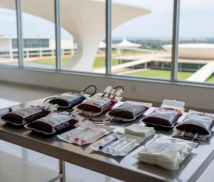 Centro de doação de sangue em Brasília com equipamentos médicos para vacinação prioritária