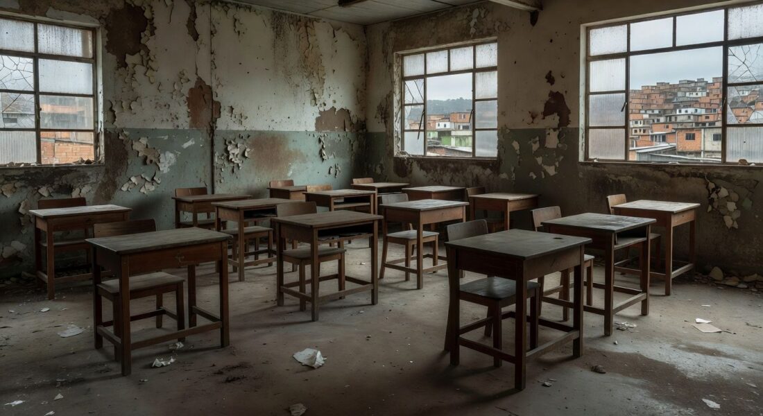 Sala de aula vazia em escola pública brasileira representando fracasso na educação de jovens e adultos
