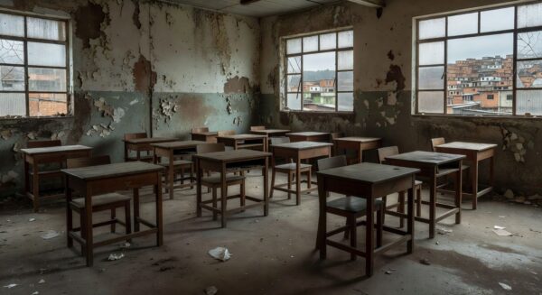 Sala de aula vazia em escola pública brasileira representando fracasso na educação de jovens e adultos