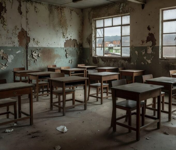 Sala de aula vazia em escola pública brasileira representando fracasso na educação de jovens e adultos