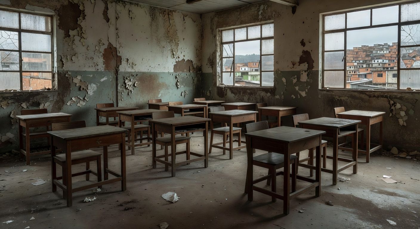 Sala de aula vazia em escola pública brasileira representando fracasso na educação de jovens e adultos