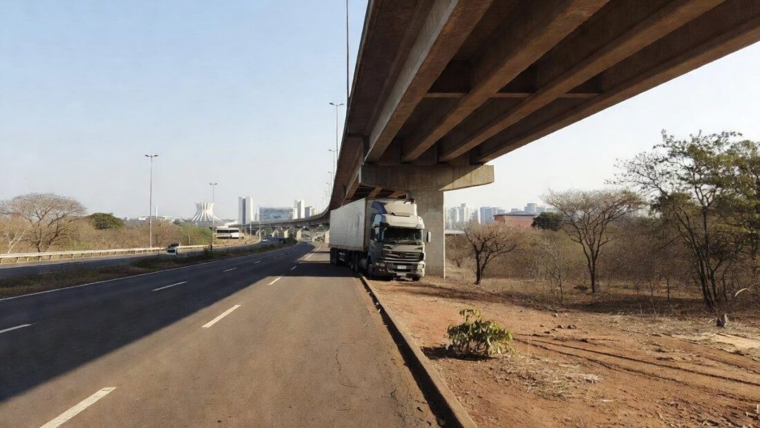 Carreta presa em viaduto da EPIA Sul no Distrito Federal