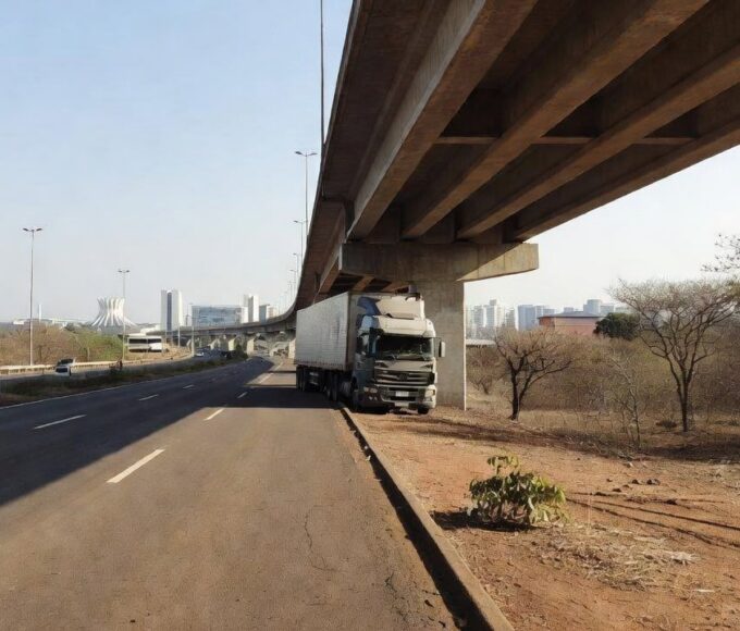 Carreta presa em viaduto da EPIA Sul no Distrito Federal