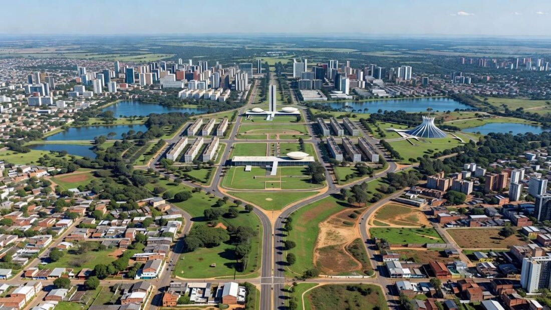 Vista aérea de regiões do DF mostrando contrastes urbanos e desigualdades no bem-estar