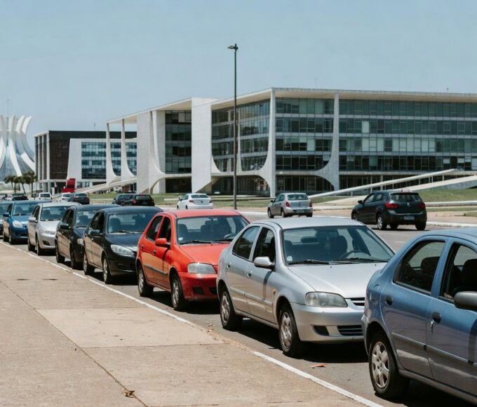 Ruas de Brasília com carros estacionados e arquitetura modernista, contexto de guardadores de carros.