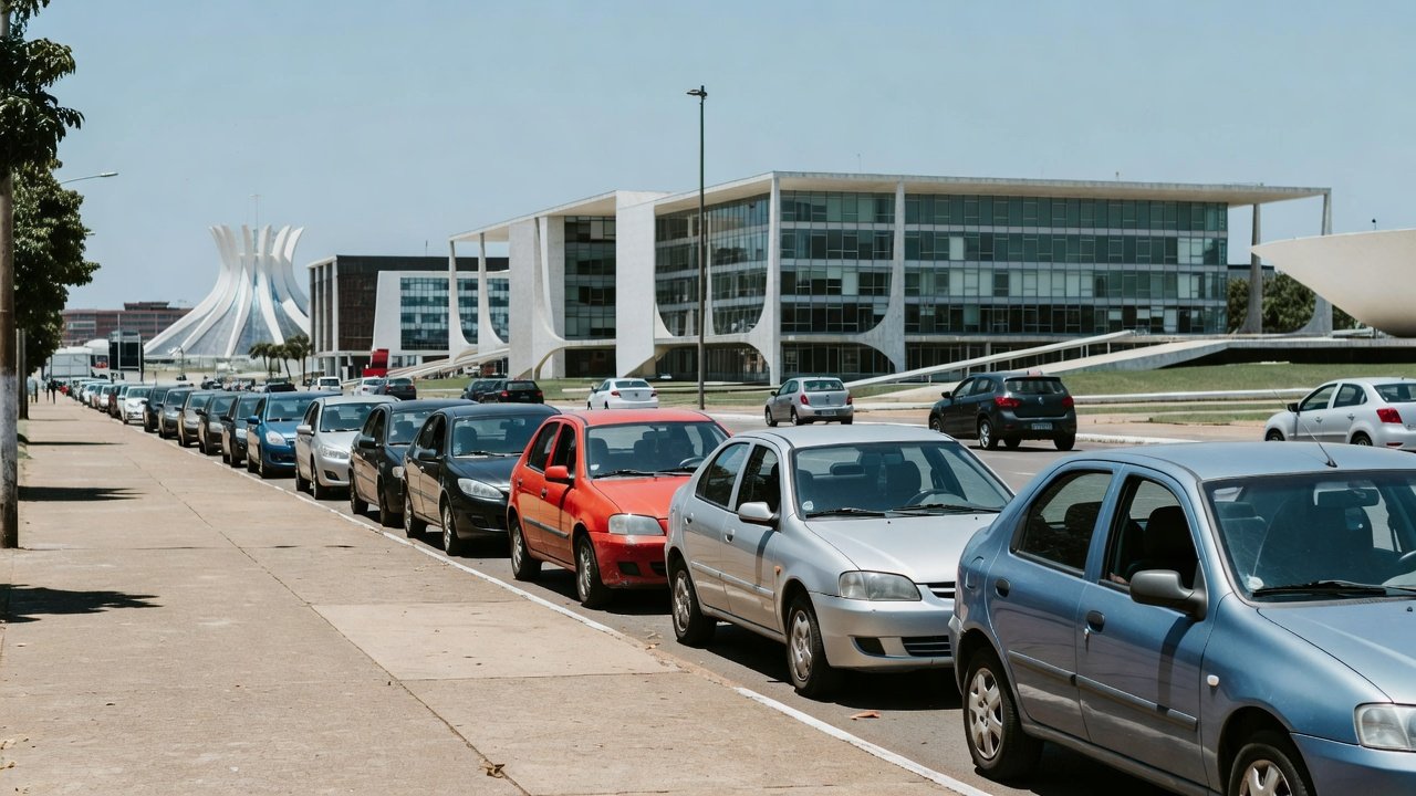 Ruas de Brasília com carros estacionados e arquitetura modernista, contexto de guardadores de carros.