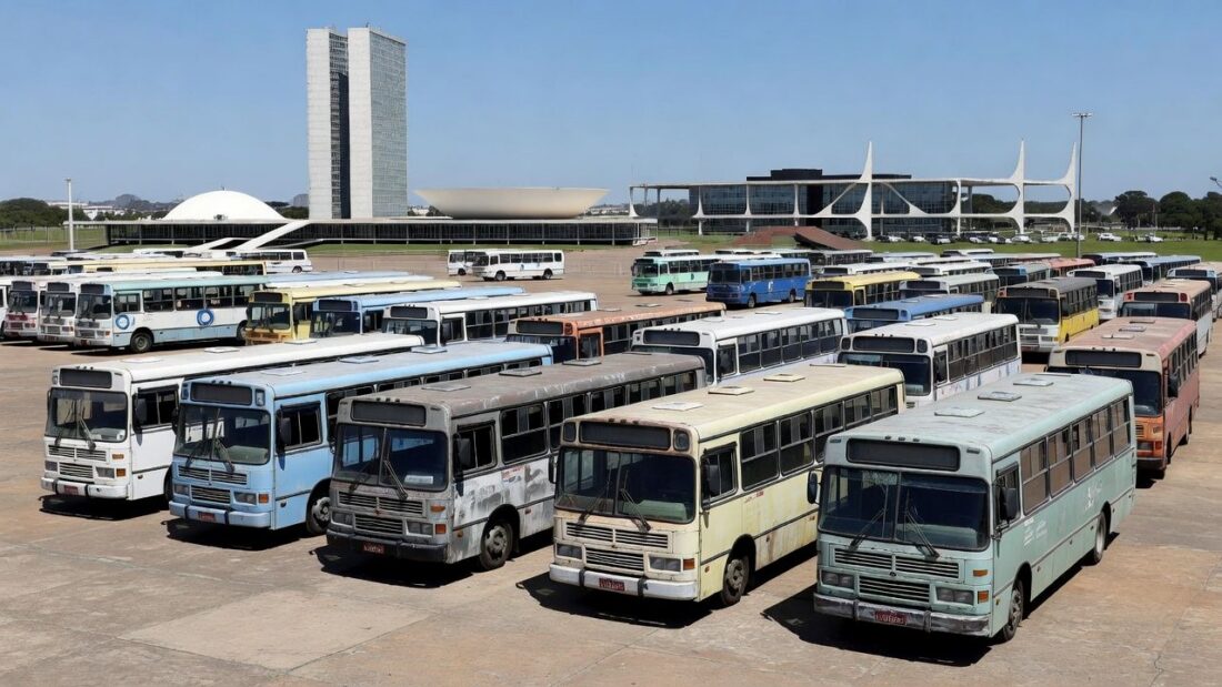 Frota de ônibus antigos da Viação Marechal em terminal de Brasília