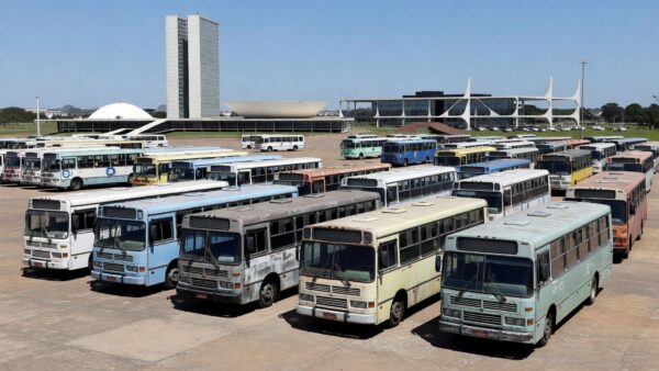 Frota de ônibus antigos da Viação Marechal em terminal de Brasília