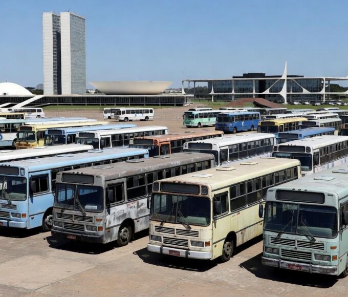 Frota de ônibus antigos da Viação Marechal em terminal de Brasília