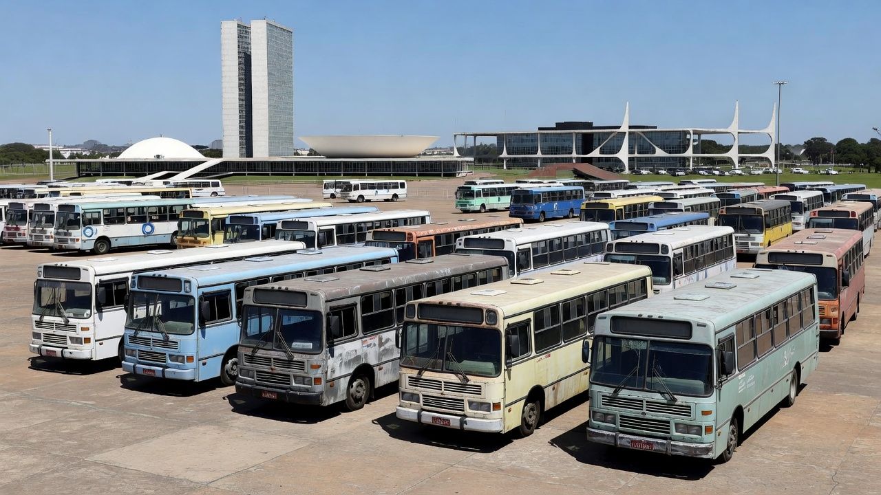 Frota de ônibus antigos da Viação Marechal em terminal de Brasília