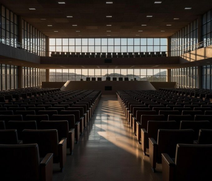 Corredor vazio do Congresso Nacional em Brasília simbolizando pendências em saúde, educação e segurança