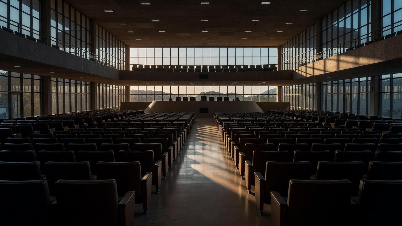 Corredor vazio do Congresso Nacional em Brasília simbolizando pendências em saúde, educação e segurança
