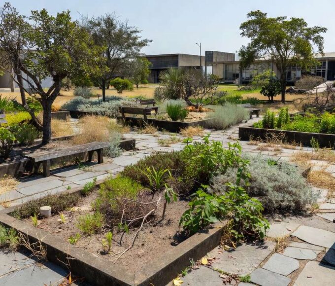 Jardim terapêutico em Brasília com vegetação nativa e aspecto de abandono, simbolizando lei sem orçamento