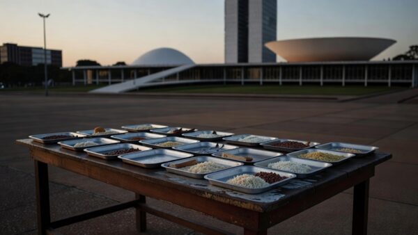 Rua em Brasília com cozinha solidária vazia representando fome persistente no DF