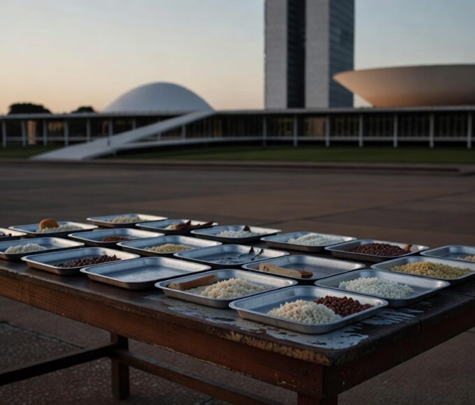 Rua em Brasília com cozinha solidária vazia representando fome persistente no DF