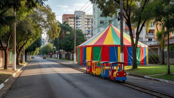 Rua de lazer com circo e trenzinho no Guará II em Brasília