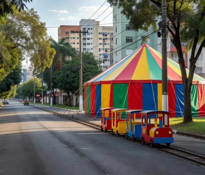 Rua de lazer com circo e trenzinho no Guará II em Brasília