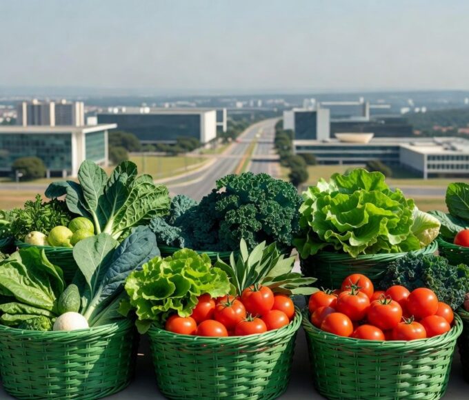 Cestas verdes com vegetais frescos do programa Cartão Prato Cheio