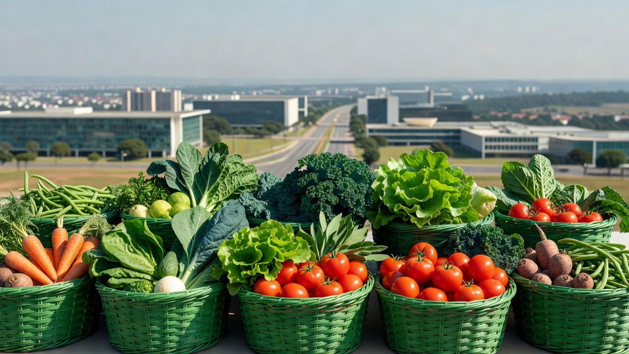 Cestas verdes com vegetais frescos do programa Cartão Prato Cheio