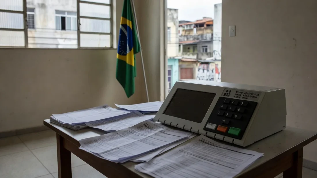 Urna eleitoral e documentos de manifesto em seção de votação no Brasil