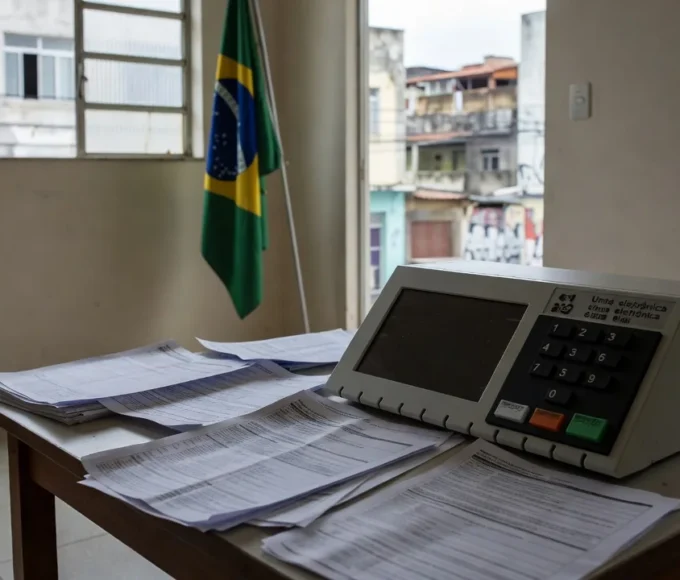 Urna eleitoral e documentos de manifesto em seção de votação no Brasil
