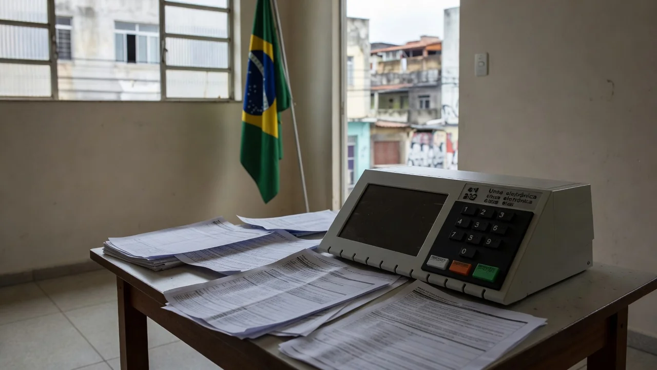 Urna eleitoral e documentos de manifesto em seção de votação no Brasil