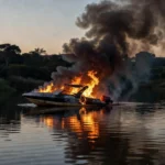 Lancha em chamas no Lago Sul de Brasília antes da chegada dos bombeiros