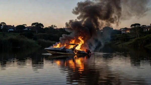 Lancha em chamas no Lago Sul de Brasília antes da chegada dos bombeiros