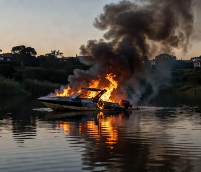 Lancha em chamas no Lago Sul de Brasília antes da chegada dos bombeiros