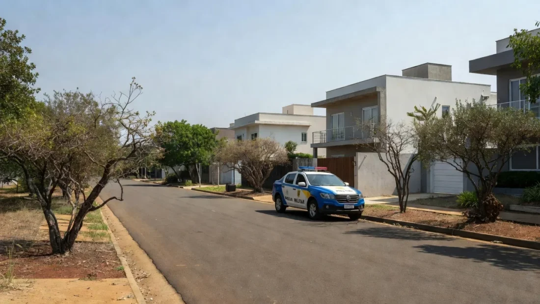 Rua na Vila Planalto, Brasília, com viatura policial brasileira