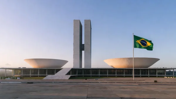 Panorama do Congresso Nacional em Brasília ao pôr do sol, representando eleições no DF