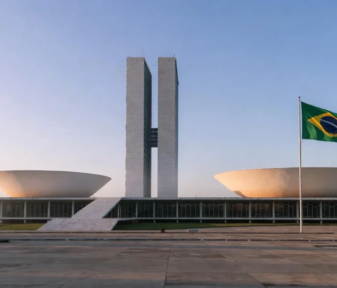 Panorama do Congresso Nacional em Brasília ao pôr do sol, representando eleições no DF