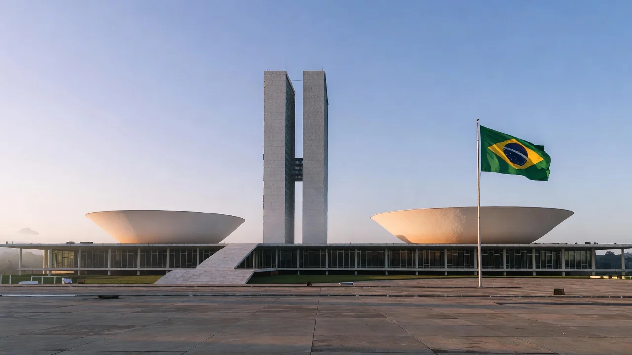 Panorama do Congresso Nacional em Brasília ao pôr do sol, representando eleições no DF