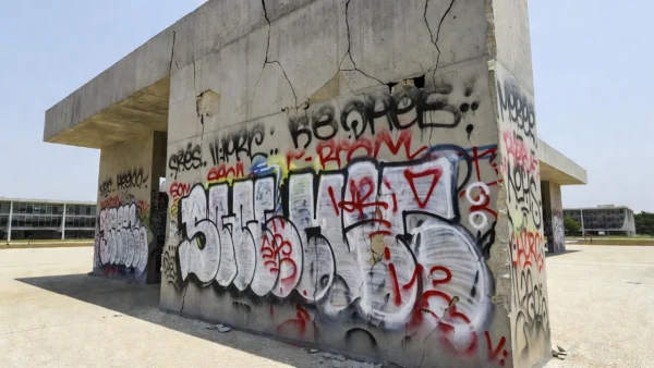 Ponto de ônibus vandalizado em Brasília com pichações e danos