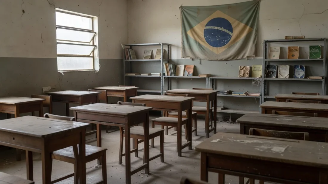 Sala de aula vazia em escola do DF com materiais de educação cívica