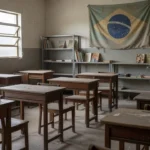 Sala de aula vazia em escola do DF com materiais de educação cívica