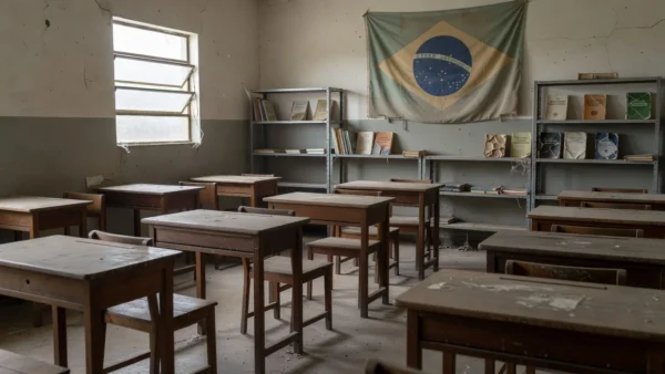 Sala de aula vazia em escola do DF com materiais de educação cívica