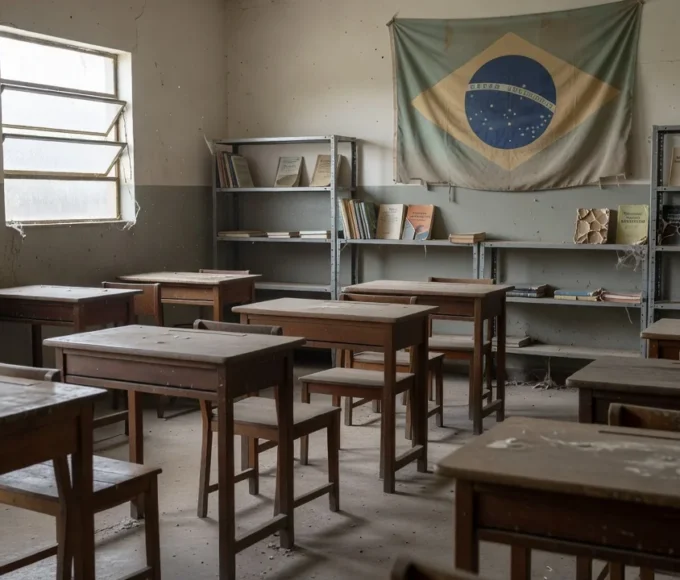 Sala de aula vazia em escola do DF com materiais de educação cívica