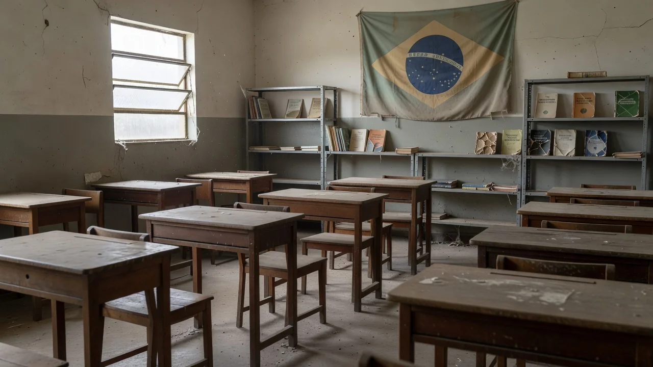 Sala de aula vazia em escola do DF com materiais de educação cívica