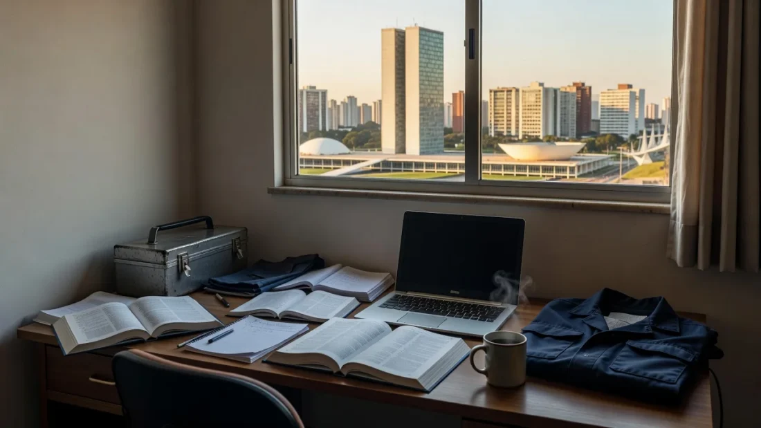Mesa com livros e ferramentas representando universitários conciliando trabalho e estudos em Brasília