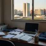 Mesa com livros e ferramentas representando universitários conciliando trabalho e estudos em Brasília