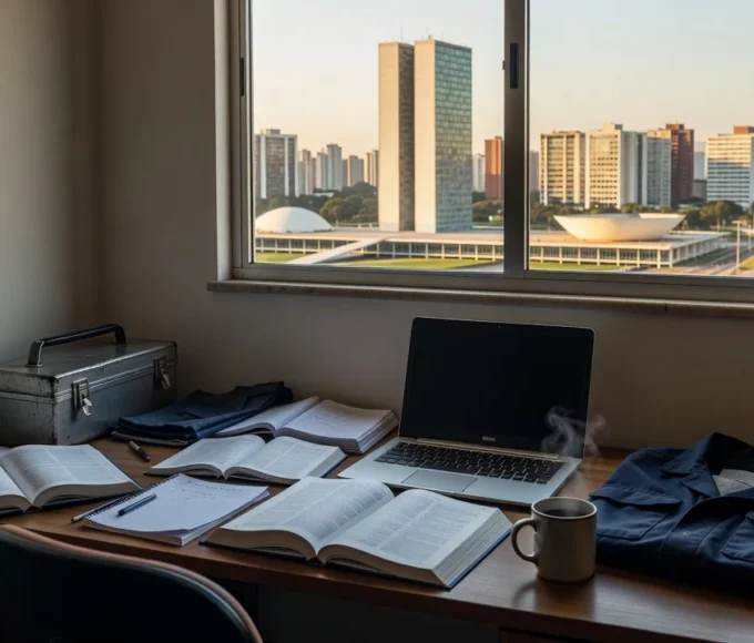 Mesa com livros e ferramentas representando universitários conciliando trabalho e estudos em Brasília