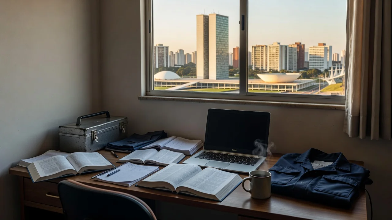 Mesa com livros e ferramentas representando universitários conciliando trabalho e estudos em Brasília