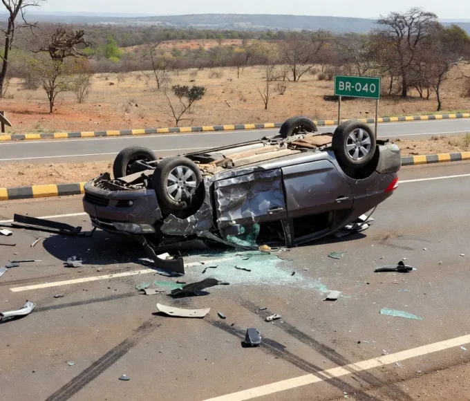 Carro capotado na BR-040 em Santa Maria após acidente