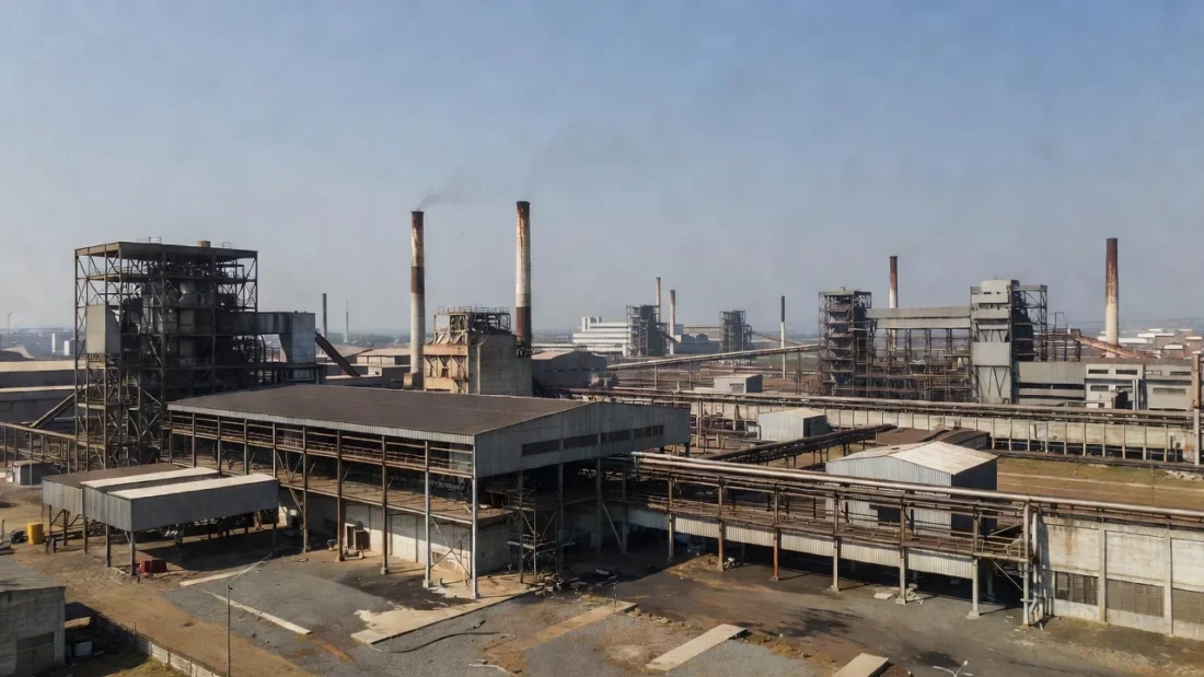 Zona industrial brasileira durante campanha eleitoral sobre indústria