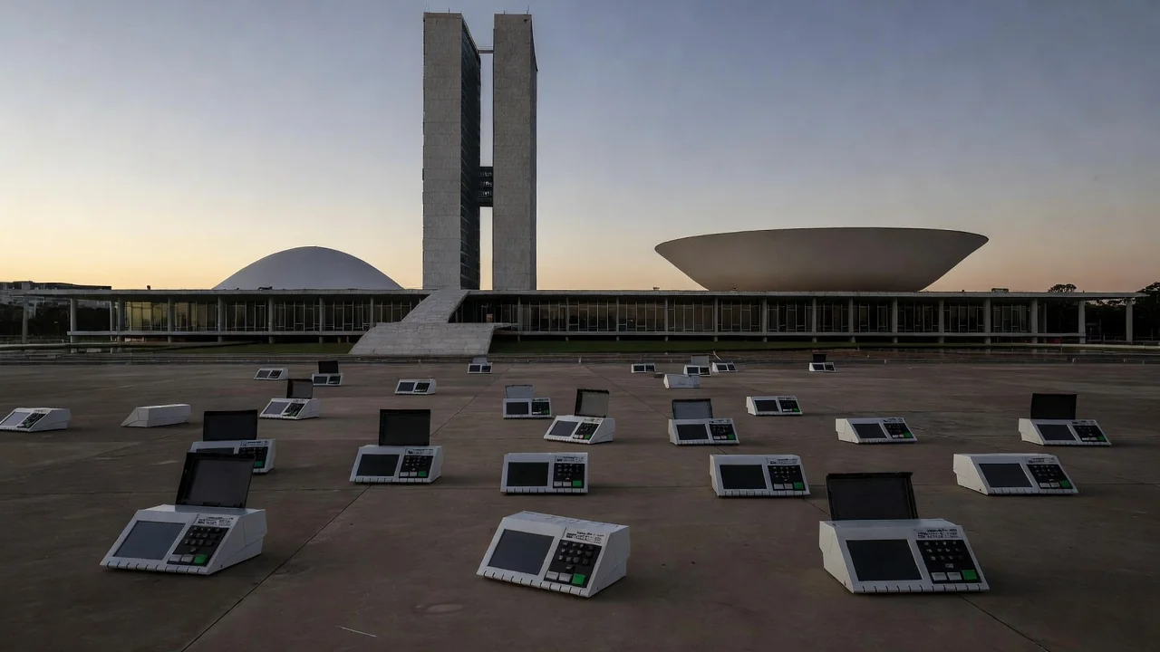 Congresso Nacional em Brasília com urnas eleitorais vazias representando exclusão política no DF