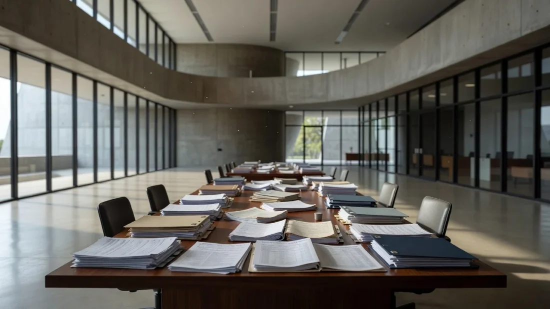 Sala da Câmara Legislativa do DF com cadeiras vazias e documentos, representando negligência de deputados distritais