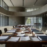 Sala da Câmara Legislativa do DF com cadeiras vazias e documentos, representando negligência de deputados distritais