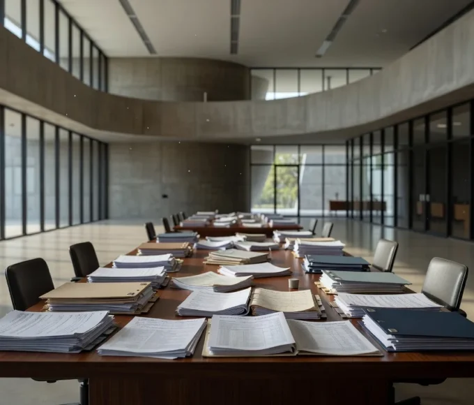 Sala da Câmara Legislativa do DF com cadeiras vazias e documentos, representando negligência de deputados distritais