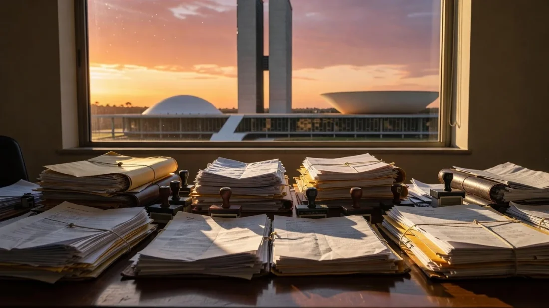 Pilhas de documentos e pastas em mesa de escritório em Brasília com vista para o Congresso Nacional